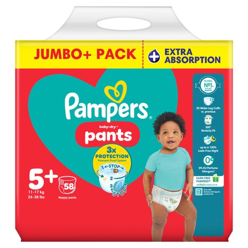 Pampers Baby-Dry Nappy Pants Size 5+ Extra Absorption Jumbo+ Pack