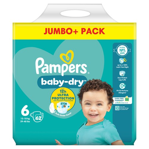 Pampers Baby-Dry Nappies, Size 6 (13-18kg) Jumbo+ Pack