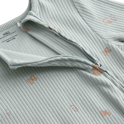 M&S Girls Cotton Rich Woodland Print Sleepsuits, 6-9 M, Ivory