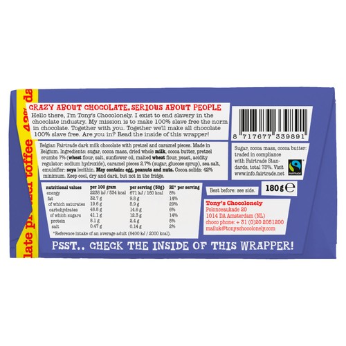 Tony's Chocolonely Dark Milk Chocolate Pretzel Toffee 42%
