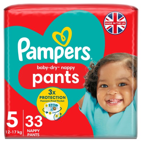 Pampers Baby-Dry Nappy Pants, Size 5 (12-17kg) Essential Pack
