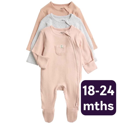 M&S Unisex Cotton Rich Ribbed Sleepsuits, 18-24 M, Blush