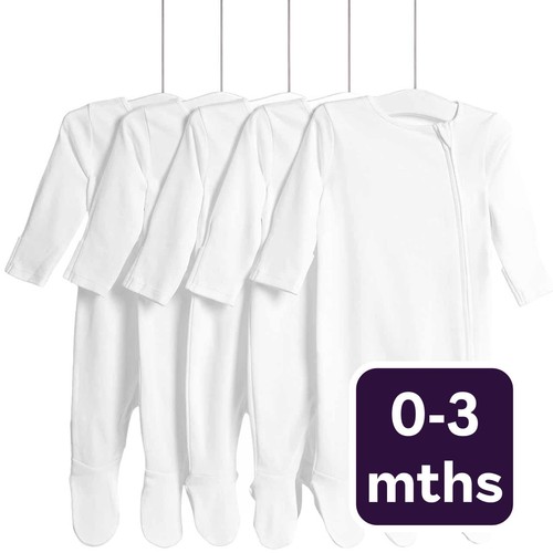 M&S Core Zip Footed Sleepsuit, 0-3 Months, White