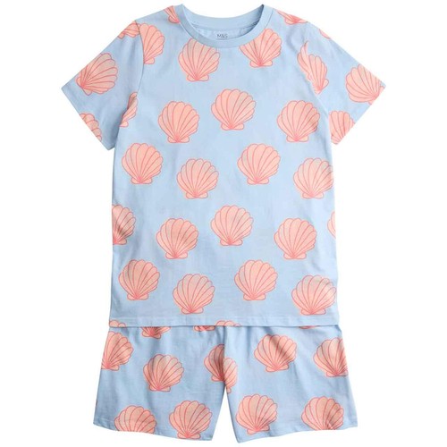 M&S Girls Pure Cotton Shell Short Pyjamas, 8-9 Years, Blue Mix