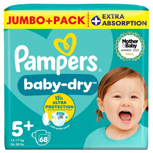 Pampers Baby-Dry Nappies, Size 5+ (12-17kg) Jumbo+ Pack