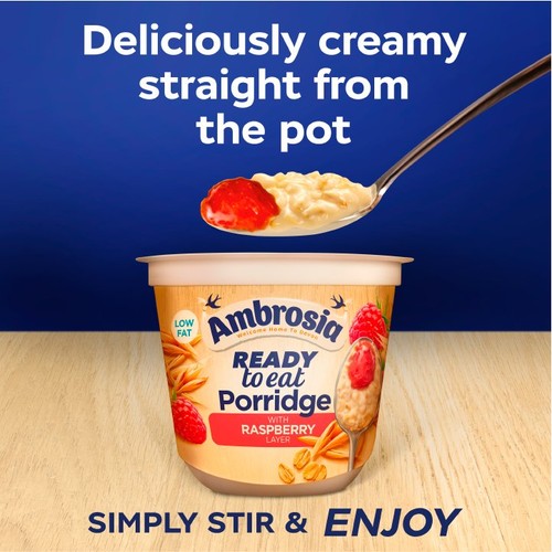 Ambrosia Ready to Eat Porridge Oat Cereal Pot Raspberry Layer