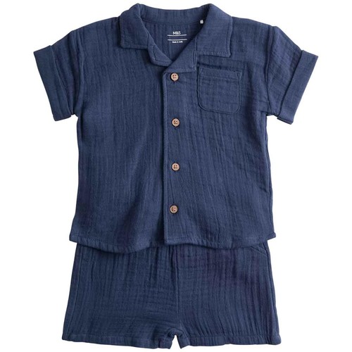 M&S Boys 2 Piece Pure Cotton Outfit, 9-12 Months, Navy