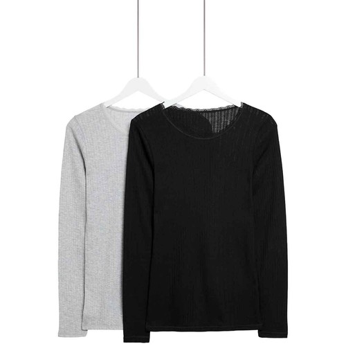 M&S Womens Pointelle Thermal Long Sleeve Tops, 14, Black