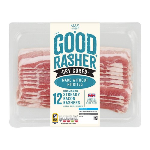 M&S Good Rasher 12 Dry Cured Unsmoked Streaky Bacon Rashers