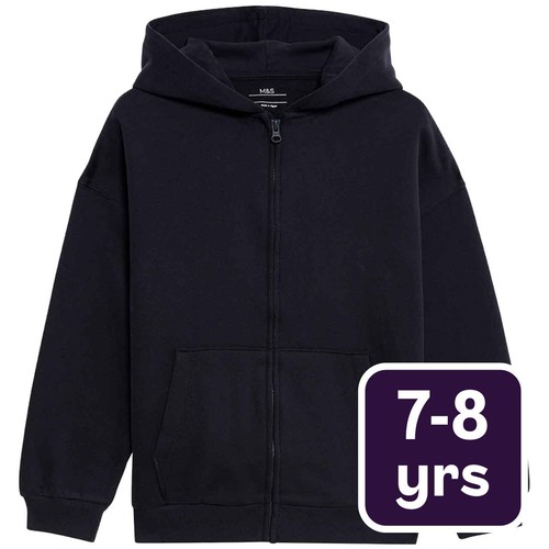 M&S Cotton Rich Plain Hoodie, 7-8 Y, Navy