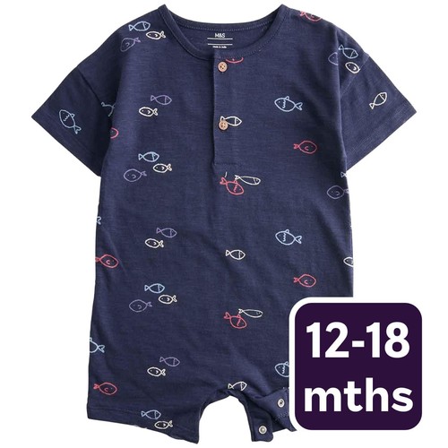 M&S Boys Pure Cotton Jersey Navy Fish Romper '12-18 Months Navy