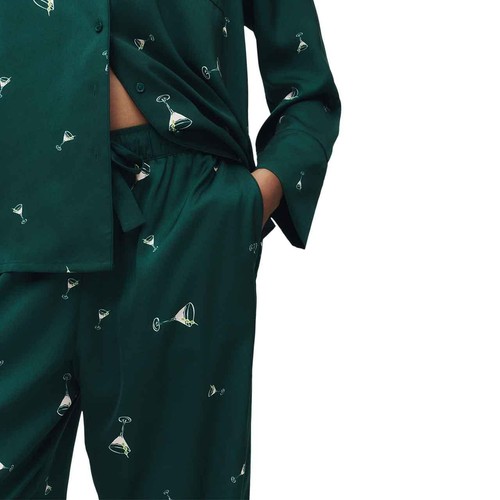 M&S Womens Dream Satin Cocktail Print Pyjama Set, 12, Light Green