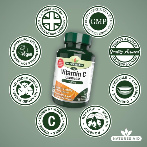 Natures Aid Chewable Vitamin C Supplement Capsules 500mg 