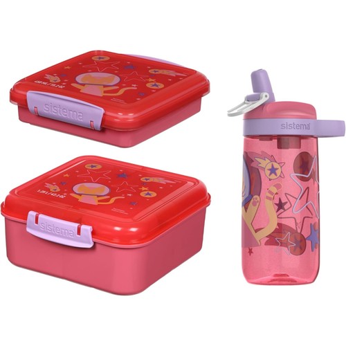 Sistema 3 Piece Bento Lunch Box and Water Bottle Set Pink