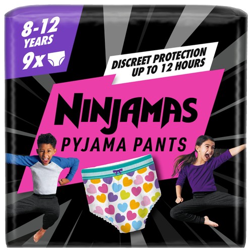 Pampers Ninjamas Pyjama Pants Girls, 9 Nappy Pants, 8-12 Years, 27-43kg 