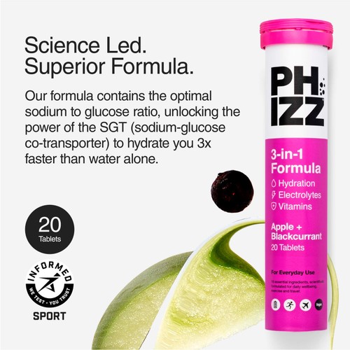 Phizz Apple+Blackcurrant 3in1 Hydration, Electrolyte & Vitamin Effervescent