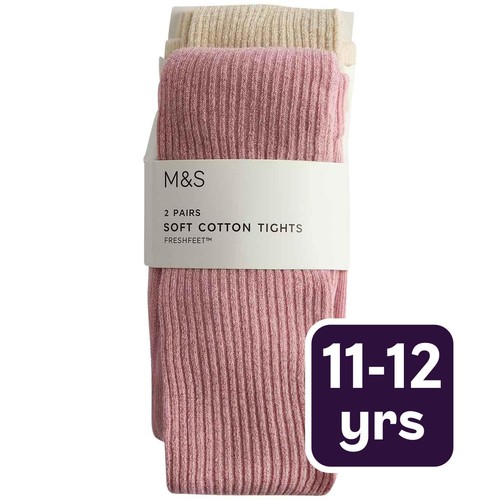 M&S Girls Glitter Rib Tights, 11-12 Y, Pink