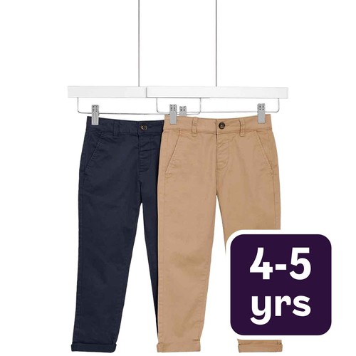 M&S Boys 2pk Cotton Rich Chinos, 4-5 Years Stone/Navy