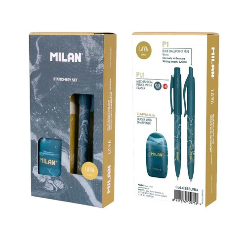 Milan, Gift box, Pen, PL1 0,5 mm, HB pencil & Eraser with Sharpener, Blue