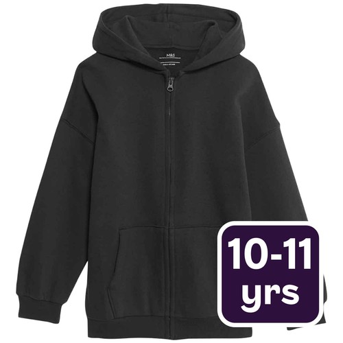 M&S Unisex Cotton Rich Plain Hoodie, 10-11 Years, Black