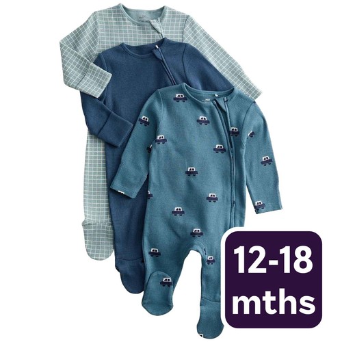 M&S Boys Pure Cotton Car Print Sleepsuits, 12-18 M, Navy Mix