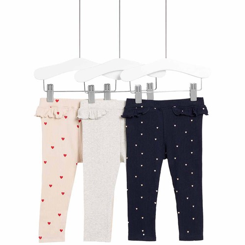 M&S Heart Cotton Leggings, 3-6 Months, Navy/Pink