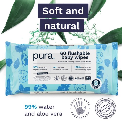 Pura Plastic Free Flushable Baby Wipes 12 x 60pk