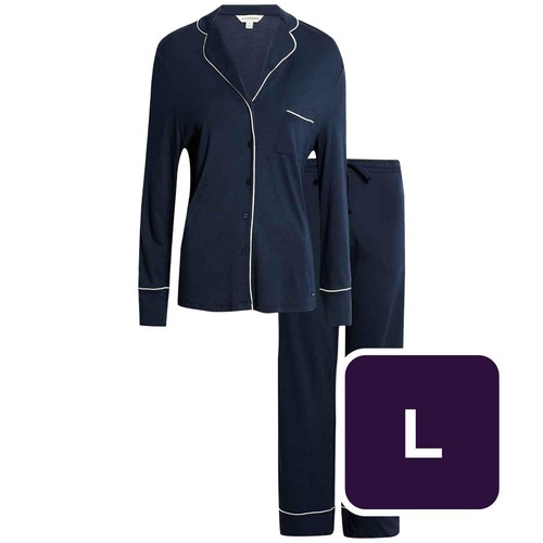 M&S Womens Autograph Cotton Modal Revere Pyjamas, L, Navy
