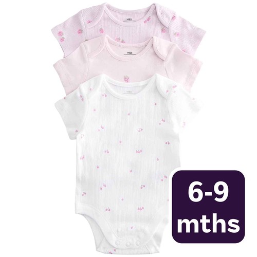 M&S Girls Pure Cotton Printed Bodysuits, 6-9 M, Magenta