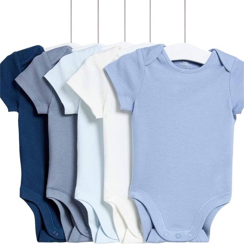 M&S Unisex Pure Cotton Plain Short Sleeve Bodysuits, 3-6 M, Blue
