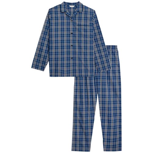 M&S Mens Pure Cotton Checked Pyjama Set, S, Blue