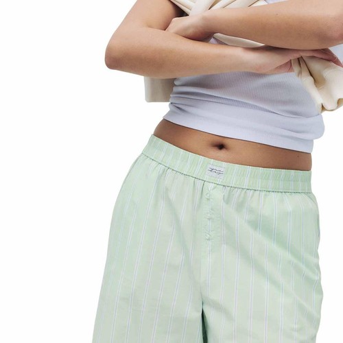 M&S Womens Pure Cotton Striped Wide Leg Pyjama Bottoms, 12, Green