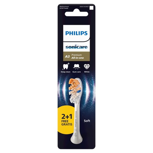 Philips Sonicare Genuine A3 Premium All-in-One Brush Head, White, 2+1 Pack