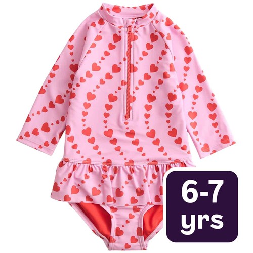 M&S Girls Heart Print Long Sleeve Swimsuit, 6-7 Years, Magenta