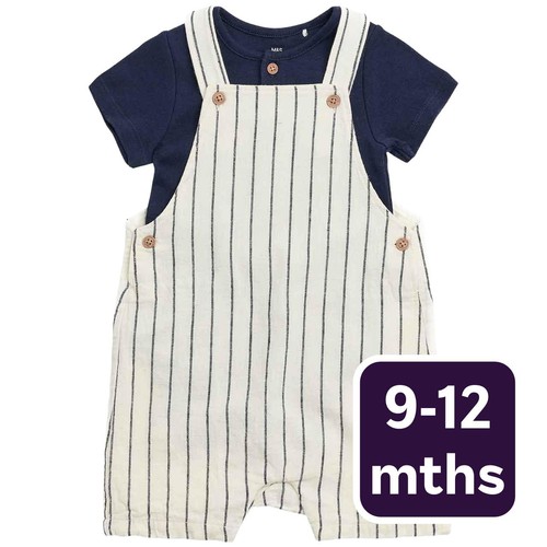 M&S Smart Thin Stripe Linen Bib Short, 9-12 Months, Blue