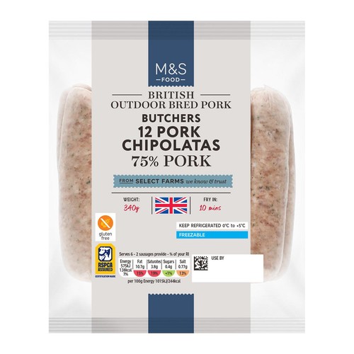 M&S 12 Pork Chipolatas 75% Pork