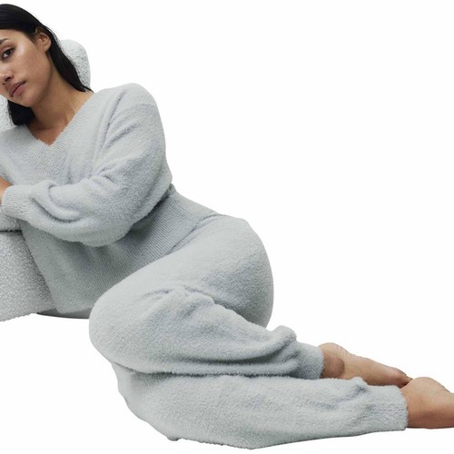 M&S Womens Feather Knit V-Neck Pyjama Top, XL, Grey