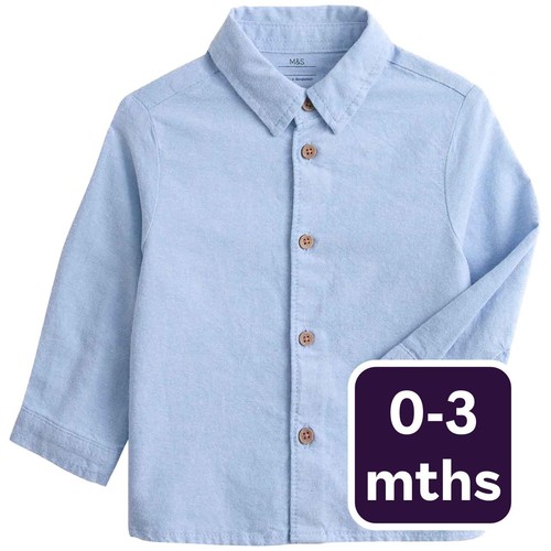 M&S Boys Pure Cotton Shirt, 0-3 Months, Blue