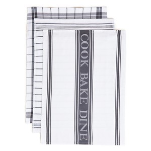 Set of 3 Striped Tea Towels, Dark Grey