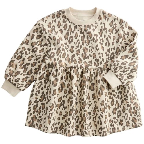 M&S Girls Leopard Print Sweat Dress, 5-6 Y, Neutral