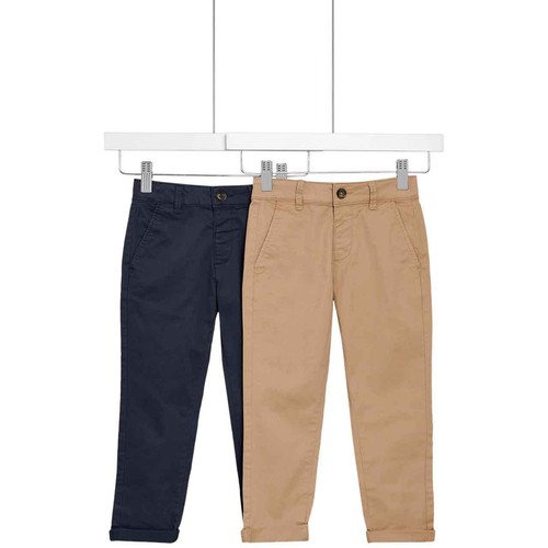 M&S Boys 2pk Cotton Rich Chinos, 4-5 Years Stone/Navy
