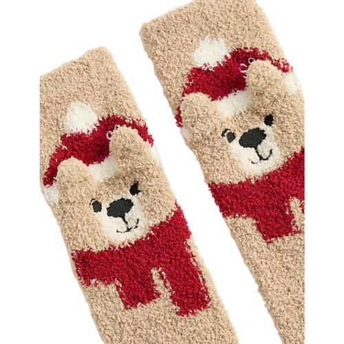 M&S Spencer Bear Christmas Cosy Socks, 8+-12, Beige Mix