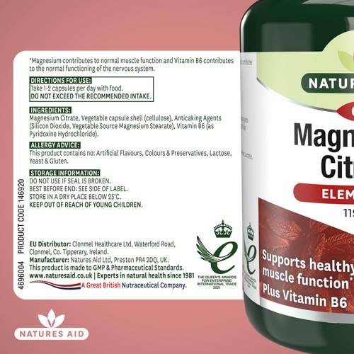 Natures Aid Magnesium Citrate Supplement Capsules 119mg