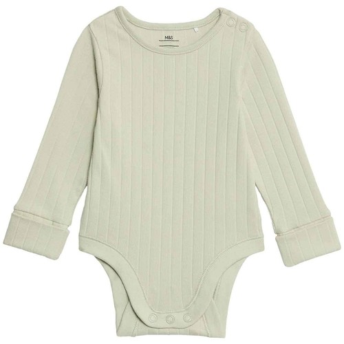 M&S Boys Cotton-Rich Rib Long Sleeve Bodysuits 9-12 Months Green Mix