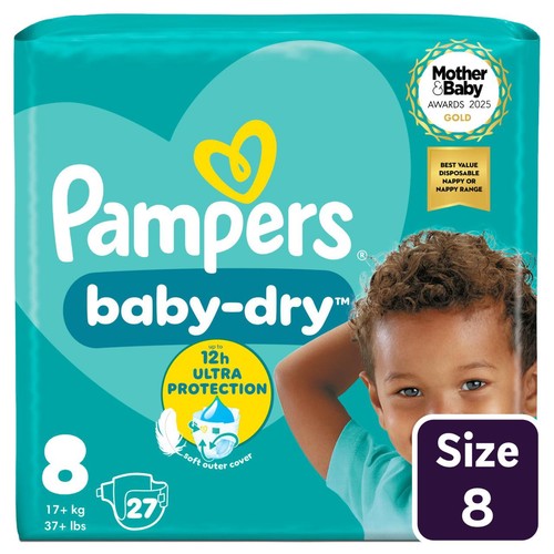 Pampers Baby-Dry Nappies, Size 8 (17kg+) Essential Pack