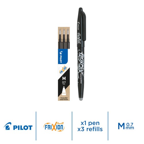 Pilot FriXion Ball Medium Line Single Pen + 3 Refills - Black