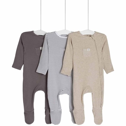 M&S Collection Girls, Cotton Striped & Plain Sleepsuits, Newborn Mid Grey