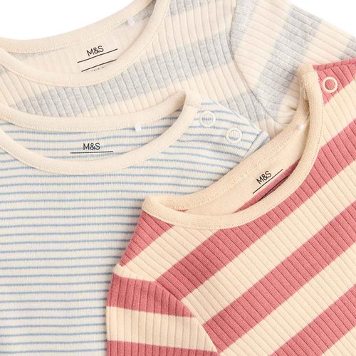 M&S Boys Cotton Rich Striped Long Sleeve Bodysuits, 3-6 M, Red