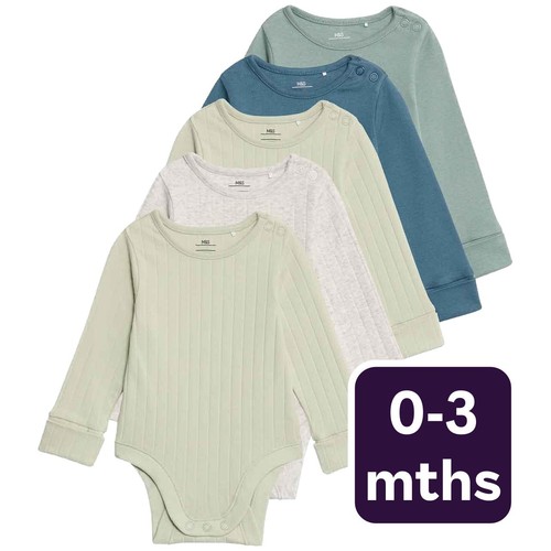 M&S Boys Cotton-Rich Rib Long Sleeve Bodysuits 0-3 Months Green Mix