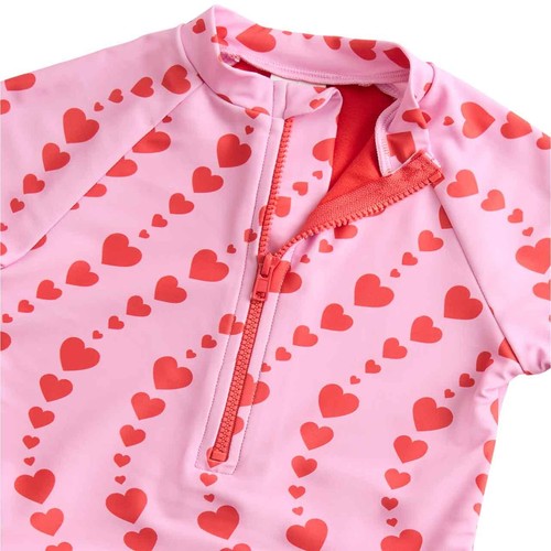 M&S Girls Heart Print Long Sleeve Swimsuit, 6-7 Years, Magenta